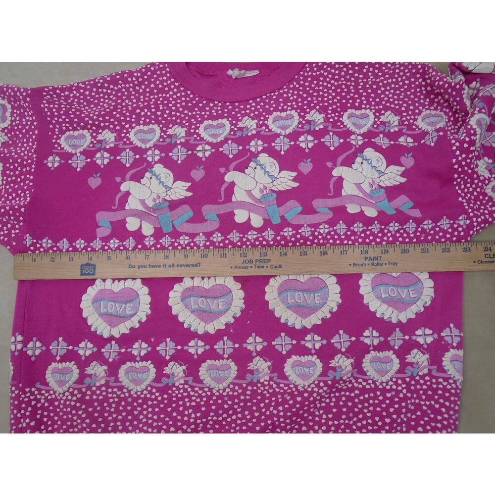 Vintage 80s Grandma Sweater Puffy Print Hearts Teddy Bear Cherub Valentines L - Picture 6 of 14